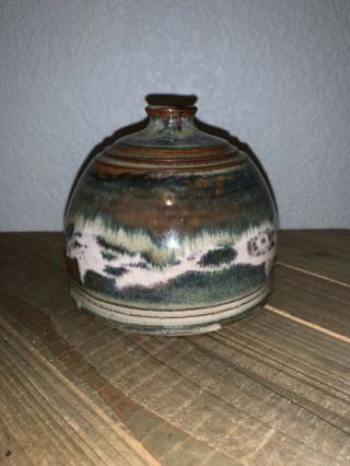 Unique 4” Handmade Glazed Spun Clay Pottery Art Vase Pot Urn Artist Signed