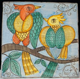 Vintage Italian Garden Tile Plaque Hand Painted & Signed Birds On Branch