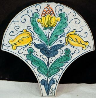 Vintage Italian Garden Tile Plaque Hand Painted & Signed Flowers Fan Shaped