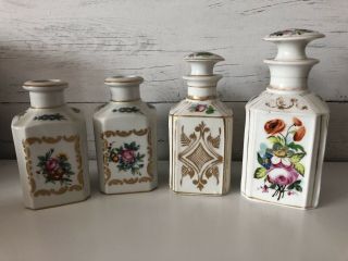 Antique Paris Hand Painted Floral Porcelain De Paris Perfume 4 Bottles Decanters