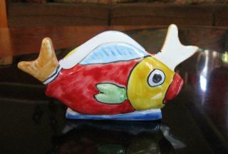 Nino Parrucca Italy Signed Art Pottery Fish Napkin Holder Hand Painted Rare 123a