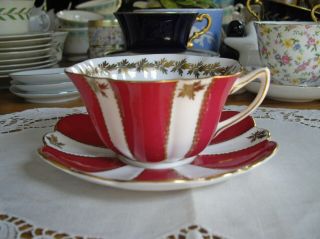Vintage Shelley Fine Bone China Red W/ Gold Leaves Tea Cup & Saucer England