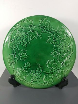Antique Green Majolica Pottery Grape Pattern Plate Glaze