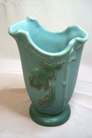 1930s Vtg.  Signed Art Deco Weller Pottery 6 1/4 " Vase Oak Leaf & Acorn Green