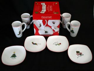 Gourmet By Fitz And Floyd Porcelain Christmas Holiday Latte Mug & Plate 8x Set