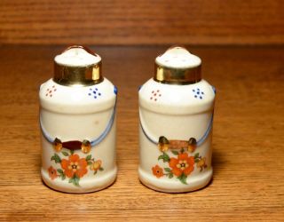 Vintage Shawnee Milk Can Salt And Pepper Shakers With Gold Tops And Handles