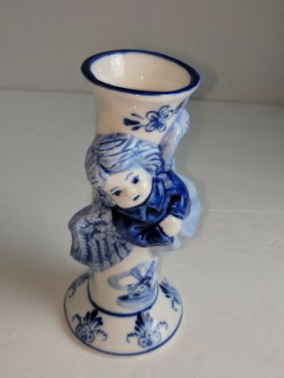 Hand Painted Porcelain Delft Blue Windmill Angel Bud Vase Blue & White