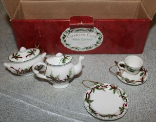 Charter Club Winter Garland Set Of 4 Mini Ornaments Tea Pot Plate Cup Saucer