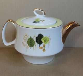 Vintage Gibsons Staffordshire England - Green & White Tea Pot,  Leaves,  Gold Trim