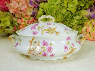 Antique Limoges Porcelain Covered Serving Bowl Lavender Flowers Gold