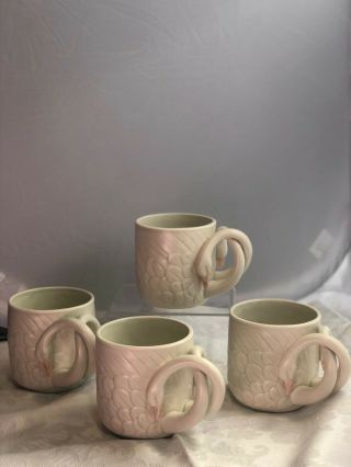 4 Vintage Fitz & Floyd Ceramic Double White Swans Handle Coffee Tea Cup Mug 1983