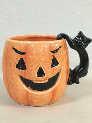 Vintage Halloween Pumpkin Shaped Coffee Mug W/ Black Cat Handle Mervyn 