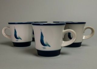 Set Of 5 Vtg Noritake Stoneware Modern Cobalt Blue Sail Boat Cups " Running "