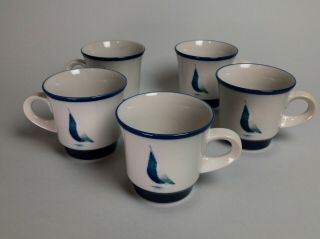 Set of 5 VTG NORITAKE Stoneware Modern Cobalt Blue Sail Boat Cups 