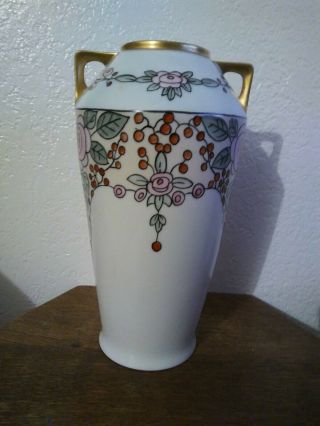Hand Painted Art Deco Fraureuth Vase 10 " Porcelain Stylized Roses