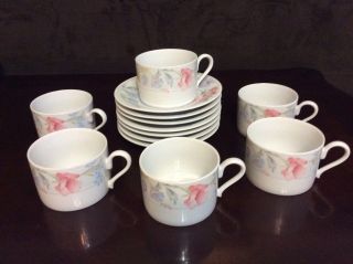 American Limoges Flowers Fine Porcelain Cups & Saucers Set Of 6