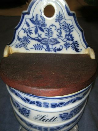 Antique Hanging Porcelain Blue/white Salt Box/cannister W/ Wooden Lid - Germany