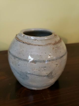Vintage Pottery 2 Blue Bands Primitive Small Vase 3 1/2 " X4 " Blue Gray