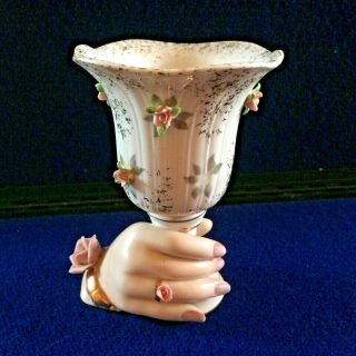 Vintage Lefton China Lady Hand W/raised Flowers Holding Goblet Vase