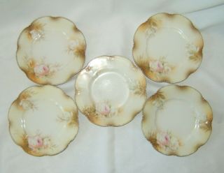 Vintage Bavarian Dessert / Bread Plates Set Of 5 Pink & White Roses Gold Rim