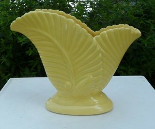 8 1/2 " Monmouth Western Stoneware Gloss Yellow Double Frond Vase C.  1927 - 35