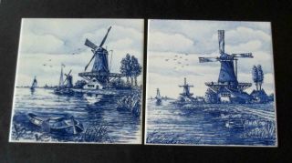 2 Vintage Delft Blue Hand Painted Trivet Windmills Holland 5 - 7/8 " Square