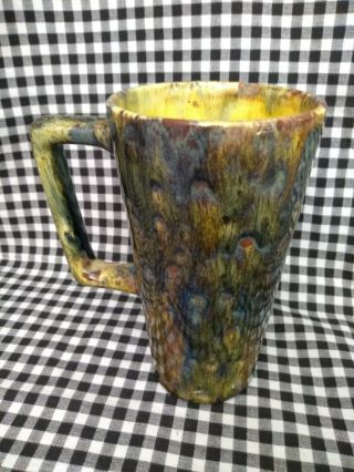 Tall Handmade Pottery Coffee Mug Tea Cup Glazed Blue Green Yellow Peacock 16oz