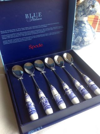 Spode Blue Italian Tea Spoon Set Of 6 Blue & White Porcelain Handles