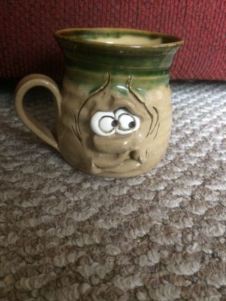 Pretty Ugly Pottery Coffee Mug/cup W/face Handmade In Wales Glazed Stoneware