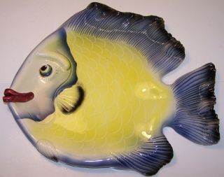 Studio Artisan Pottery Yellow Blue Smiling Fish Plate Platter Signed 3d