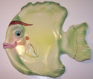 Studio Artisan Pottery Green Smiling Fish Plate Platter Signed 3d