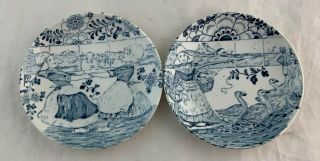 Vintage Blue Delft By Boch Small Plate Belgium Girls Geese Playing Scene Pair