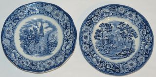 Two Vintage Staffordshire Liberty Blue Historic Colonial Scenes Saucers