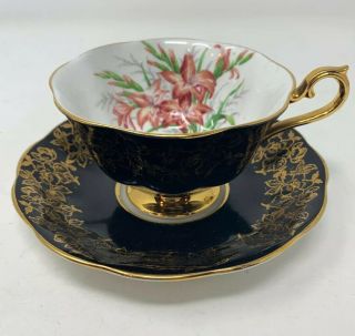 Royal Albert Black Gold Teacup & Saucer Lillies Bone China