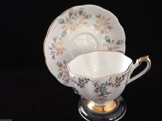 Queen Anne China England 5634 Gold Leaf & Blue Flower - Tea Cup & Saucer Set