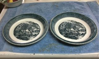 2 ROYAL CHINA CURRIER & IVES OLD GRIST MILL PIE PLATES / 10 INCHES / BLUE 2