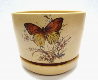 Vtg Treasure Craft California Pottery Planter & Saucer Yellow W/butterflies 447
