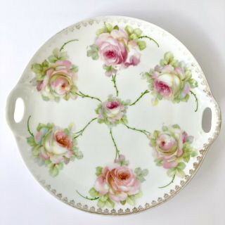 Three Crown China Germany Hand Painted Handled Cake Plate Roses Floral Antique