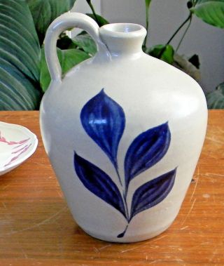 Vintage Colonial Williamsburg Pottery 5.  5 " Salt Glaze Jug Blue Leaves