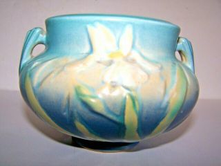 Vintage Roseville Pottery Double Handled Iris Jardiniere Blue Bowl 647 - 3