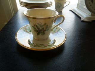 Gold Trim Lenox Holiday Dimension Fine China Christmas Cup & Saucer Set (3 Avail