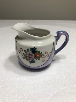 Vintage Hand Painted Lusterware Cream Pitcher Blue White Floral Made Japan