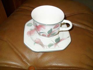 Mikasa Continental Silk Flowers Footed Tea Cups & Saucers 8 Saucers & 8 Cups