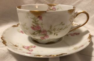 Vintage Haviland Limoges Tea Cup And Saucer France Pink Flowers Green Leafs