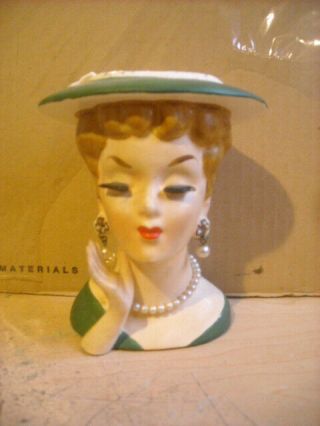 Vintage Lee Wards Exclusive Woman In Green Hat And Dress Head Vase,  Necklace