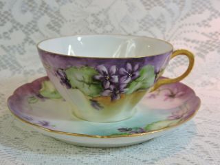 Haviland & Co Limoges Purple & Blue Handpainted Floral Teacup & Saucer 1888 - 1896