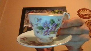 Paragon Cup & Saucer light green with gold trim and violets 3