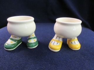 2 Vintage Walking Ware Egg Cup Green & Yellow Shoes Lustre Carlton Ware England