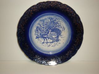 Cobalt Flow Blue Turkeys Plate - 9.  5 - Same Design As Limoges - Gold Flower Trim