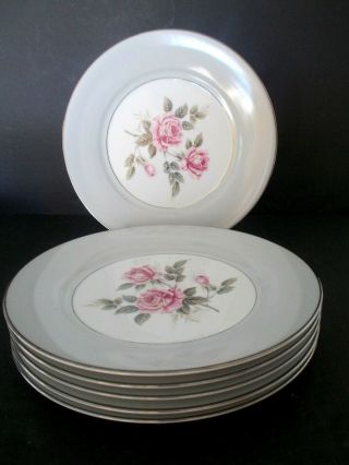 6 Noritake 10 1/2 " Arlington Dinner Plates 1950s Pink Roses Grey Rim
